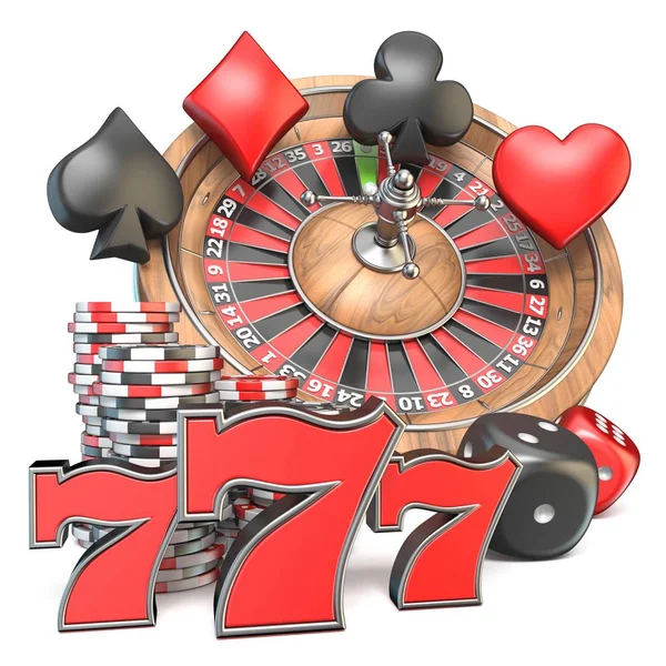 轮盘赌 777 扑克牌牌和赌博筹码3D 渲染插图在白色背景下隔离 — 图库照片