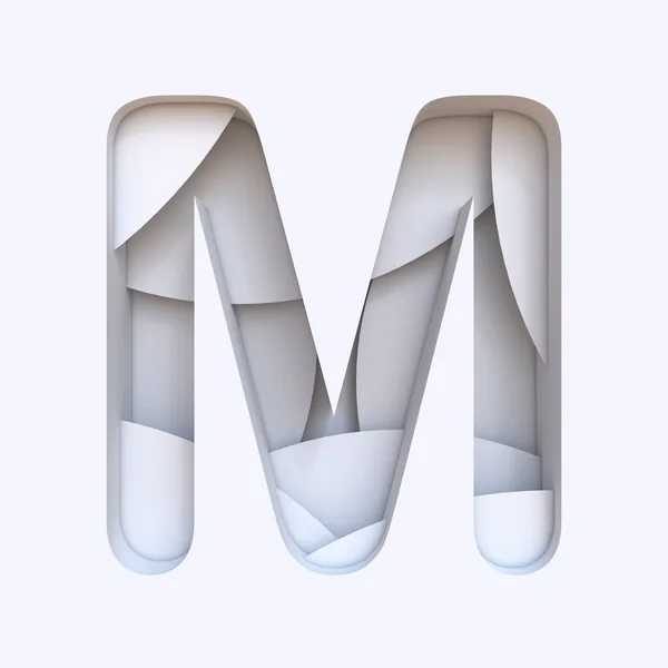 White abstract layers font Letter M 3D render illustration isolated on white background