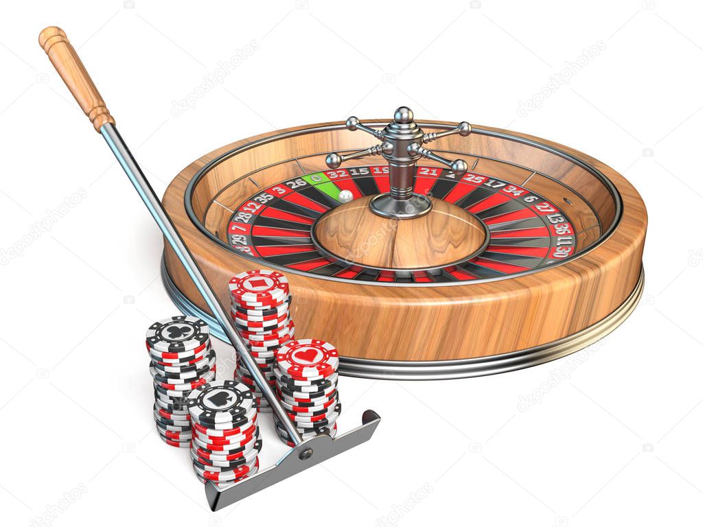 Ruleta, casino rake y fichas de juego Ilustración de renderizado 3D ...