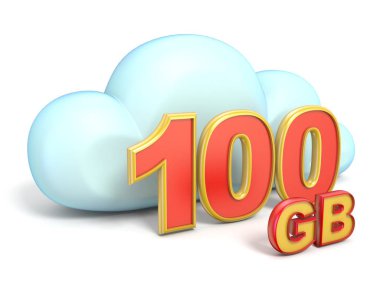 Bulut simgesi 100 Gb depolama kapasitesi 3d render beyaz arka plan üzerinde izole