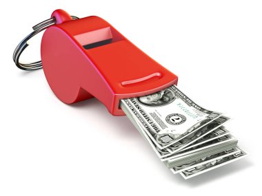 Kırmızı düdük 3d render illüstrasyon izole beyaz arka plan üzerinde dolar para