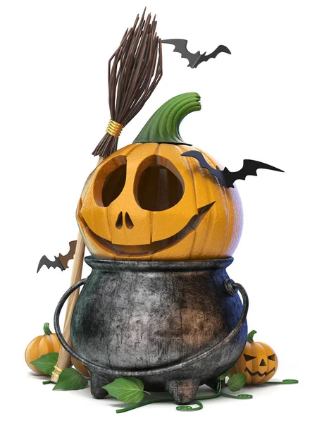 Halloween Pumpkin Witch Broom Bats Rendering Illustration Isolated White Background — Stock Photo, Image