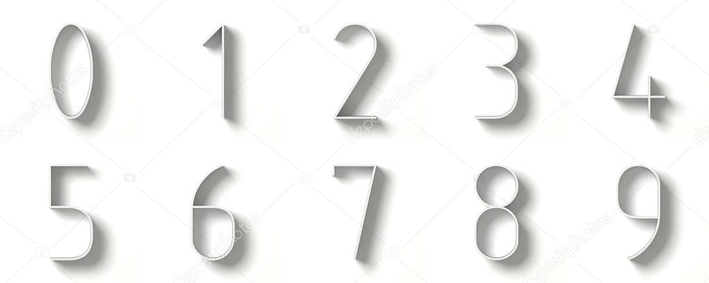 Long shadow digits Numbers 0-9 3D render illustration isolated on white background