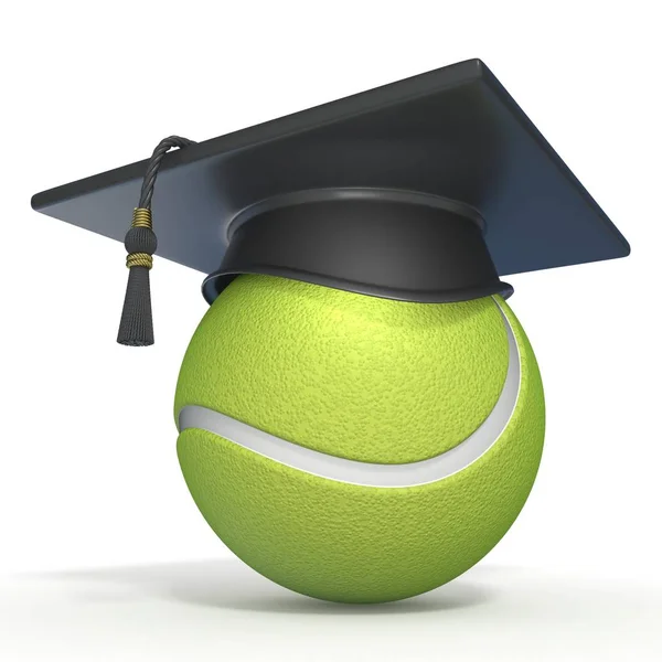 Avläggande Examen Cap Tennis Boll Render Illustration Vit Bakgrund — Stockfoto