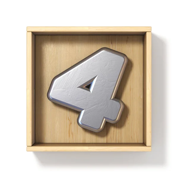 银色金属号4四在木盒3D 渲染插图查出的白色背景 — 图库照片