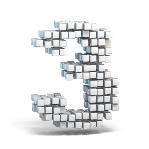 Branco Voxel Cubos Fonte Número Três Renderizar Ilustração Isolada Fundo — Fotografia de Stock