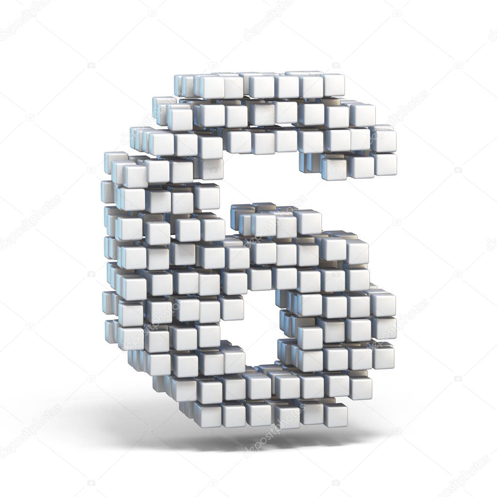 White voxel cubes font Number 6 SIX 3D render illustration isolated on white background