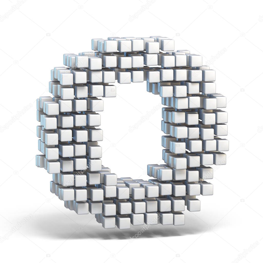 White voxel cubes font Letter O 3D render illustration isolated on white background