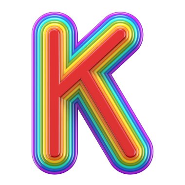 Beyaz zemin üzerine konsantrik gökkuşağı yazı tipi harf K 3d render illüstrasyon izole