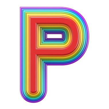 Beyaz zemin üzerine konsantrik gökkuşağı yazı tipi P harfi 3d render illüstrasyon izole