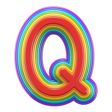 Beyaz zemin üzerine konsantrik gökkuşağı yazı tipi harf Q 3d render illüstrasyon izole