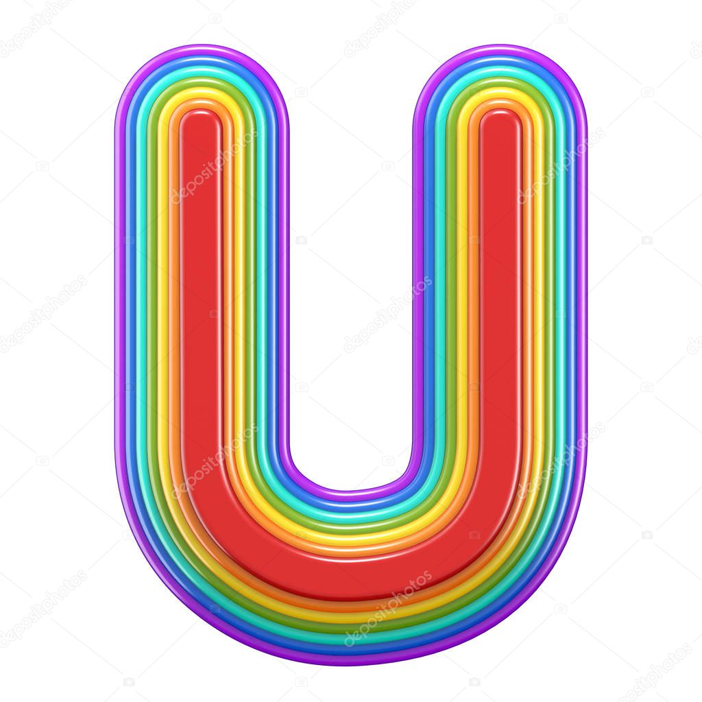 Concentric rainbow font letter U 3D rendering illustration isolated on white background