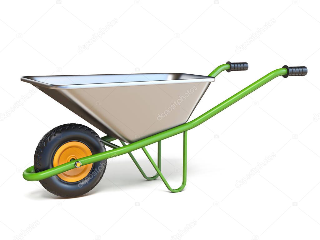 Wheelbarrow with green handles 3D render illustration isolated on white background