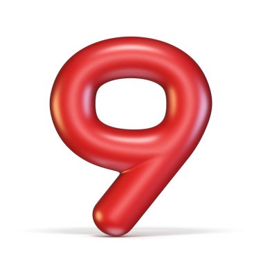 Kırmızı parlak yazı 9 numara dokuz 3d render illüstrasyon izole beyaz arka plan üzerinde