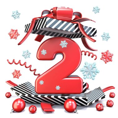 İçinde açık hediye kutusu 3d render illüstrasyon izole beyaz zemin üzerine kırmızı sayı iki 2