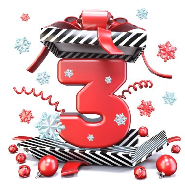 İçinde açık hediye kutusu 3d render illüstrasyon izole beyaz zemin üzerine kırmızı sayı üç 3