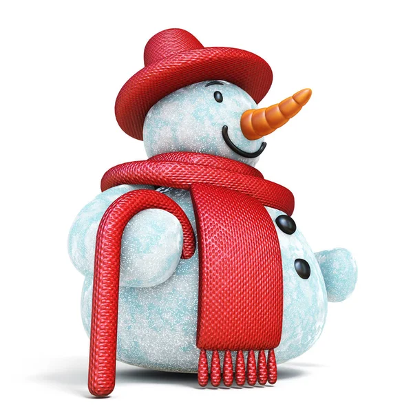 Snowman Red Hat Scarf Stick Side View Render Illustration Isolated — Stock Photo, Image