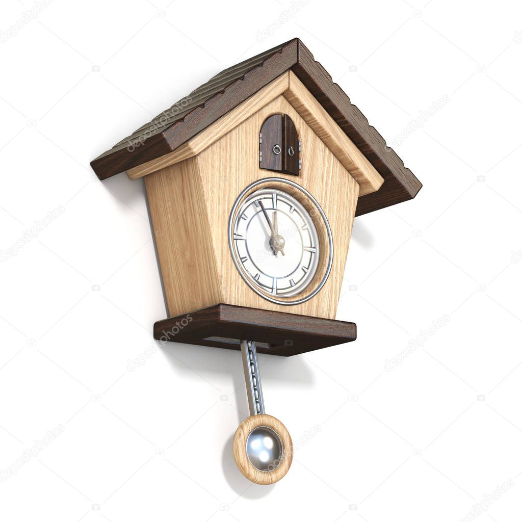 Traditional wooden cuckoo clock Side view 3D rendering illustration isolated on white background