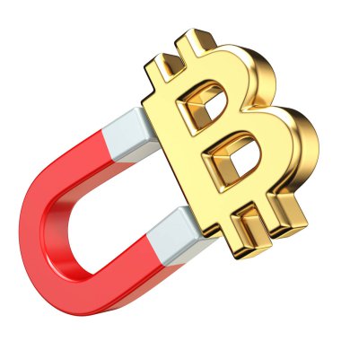 Kırmızı mıknatıs 3d render illüstrasyon izole beyaz zemin üzerine altın Bitcoin para birimi işareti