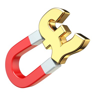 Kırmızı mıknatıs 3D görüntüleme üzerinde altın sterlin para birimi işareti beyaz arkaplanda izole