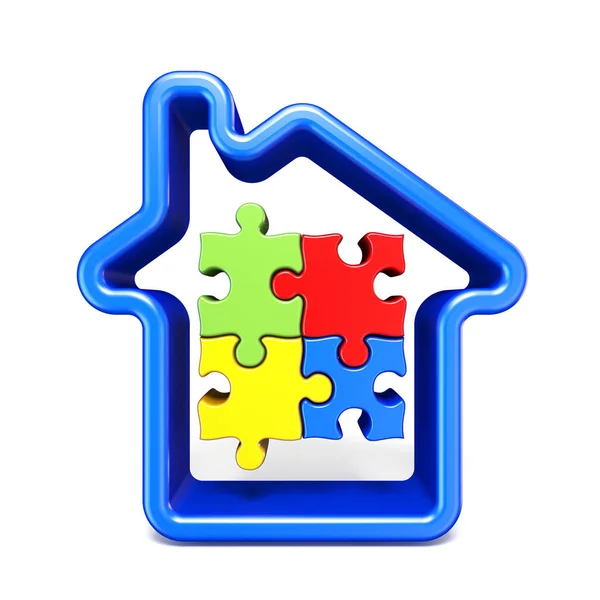 Blaues Haus Umriss Zeichen Mit Puzzles Rendering Illustration Isoliert Auf — Stockfoto