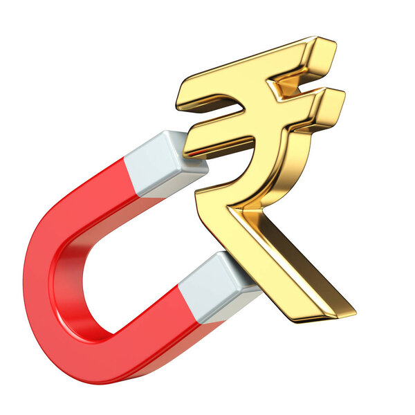 Gold RUPEE currency sign on red magnet 3D rendering illustration isolated on white background