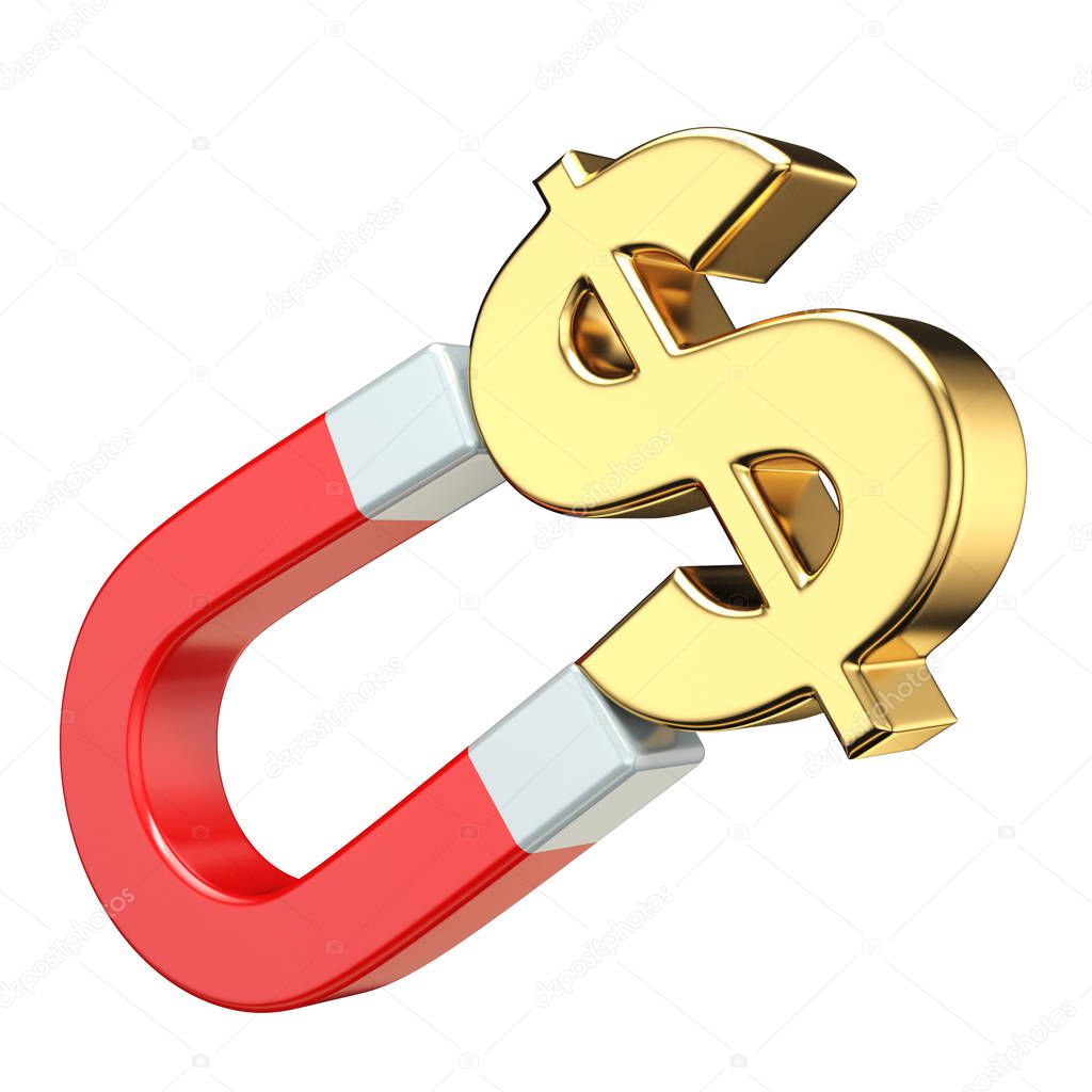 Gold DOLLAR currency sign on red magnet 3D rendering illustration isolated on white background
