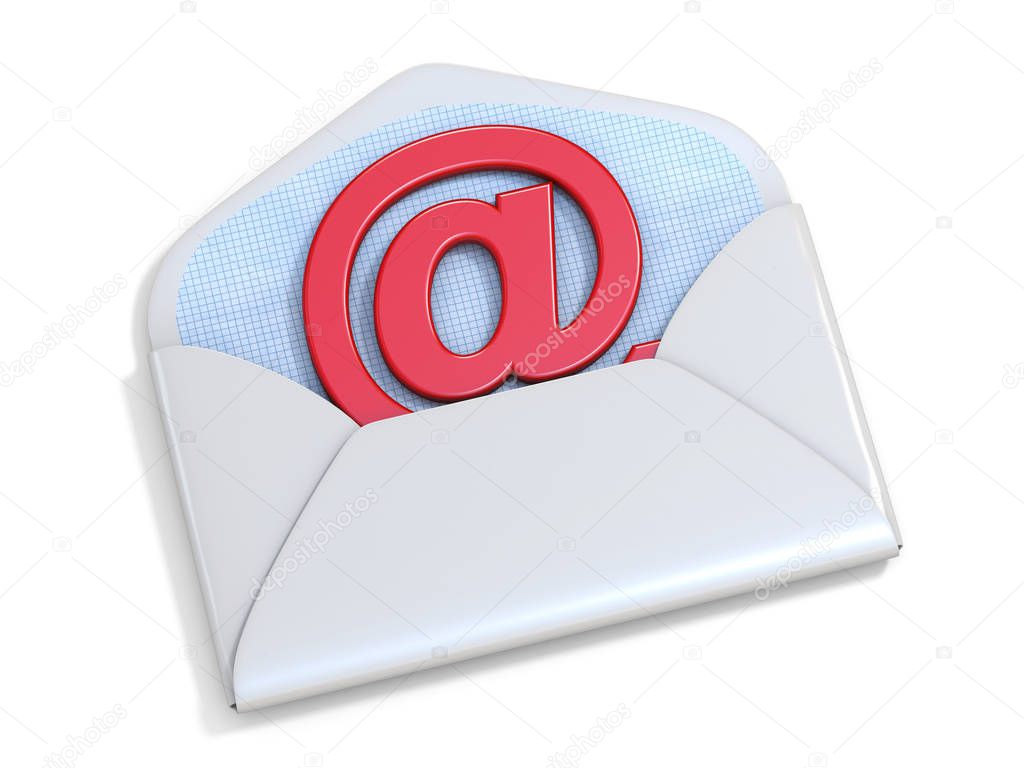 Red e-mail sign in the opened envelope 3D rendering illustration isolated on white background