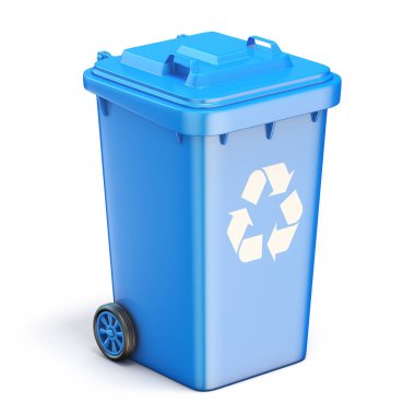3d render illüstrasyon izole beyaz zemin üzerine mavi plastik geri dönüşüm kutusu kapalı