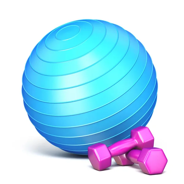 Blauwe Fitness Bal Roze Gewichten Rendering Illustratie Geïsoleerd Witte Achtergrond — Stockfoto