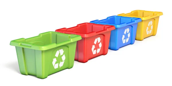 四个五颜六色的回收箱3D 渲染插图隔离在白色背景 — 图库照片