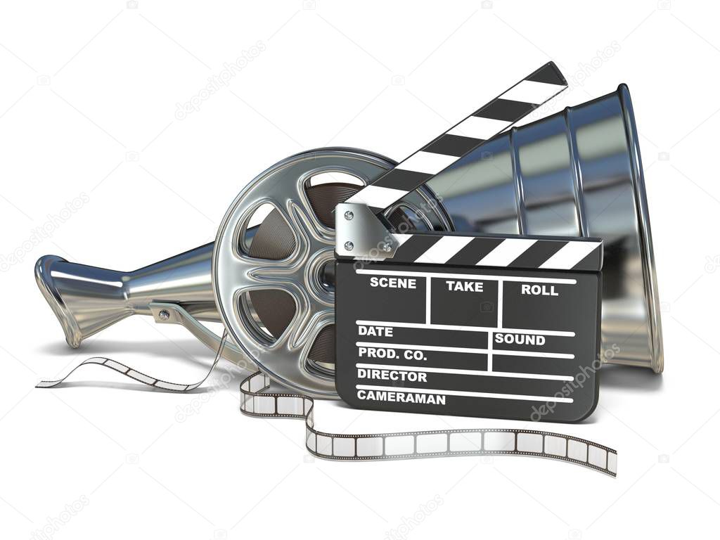 Megaphone, film reels and movie clapper board 3D rendering illustration isolated on white background