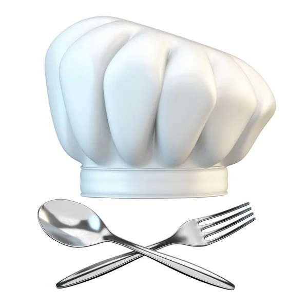 Čepice Bílá Chef Lžící Vidličkou Vykreslování Obrázku Izolovaných Bílém Pozadí — Stock fotografie