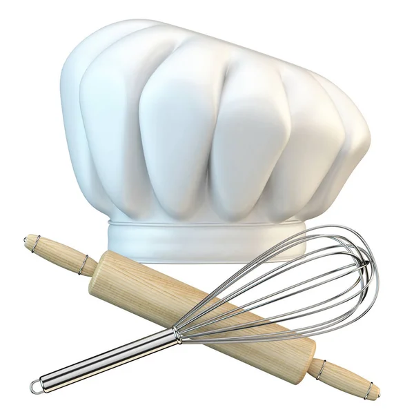 White Chef Hat Steel Whisk Rolling Pin Rendering Illustration Isolated — Stock Photo, Image