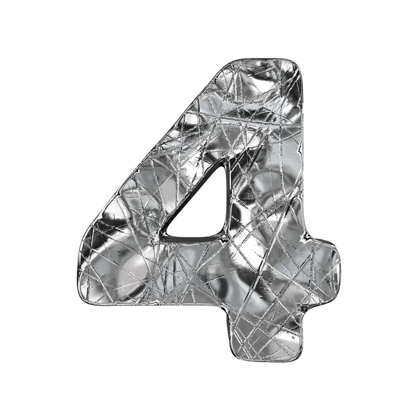 Grunge Aluminium Foil Font Number Four Render Illustration Isolated White — Stock Photo, Image