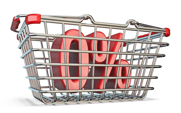 Steel shopping basket 0 PERCENT sign 3D — Stock Photo, Image