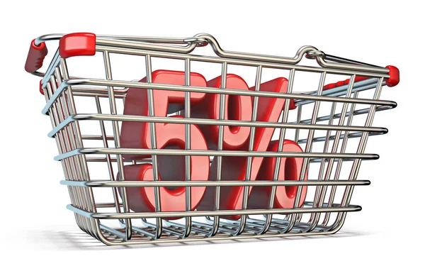 Steel shopping basket 5 PERCENT sign 3D — Stock Photo, Image