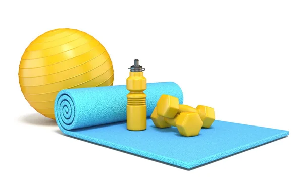 Mata treningowa z ciężarkami, kulka fitness i butelka wodnymi 3D — Zdjęcie stockowe