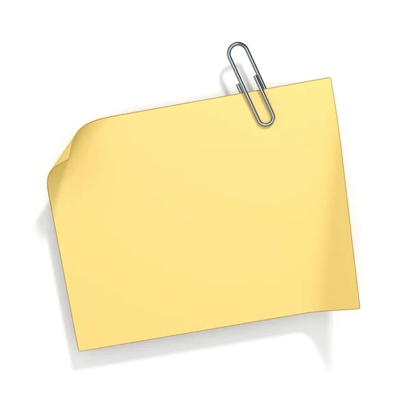 Nota amarela em branco com clipe de papel 3D — Fotografia de Stock