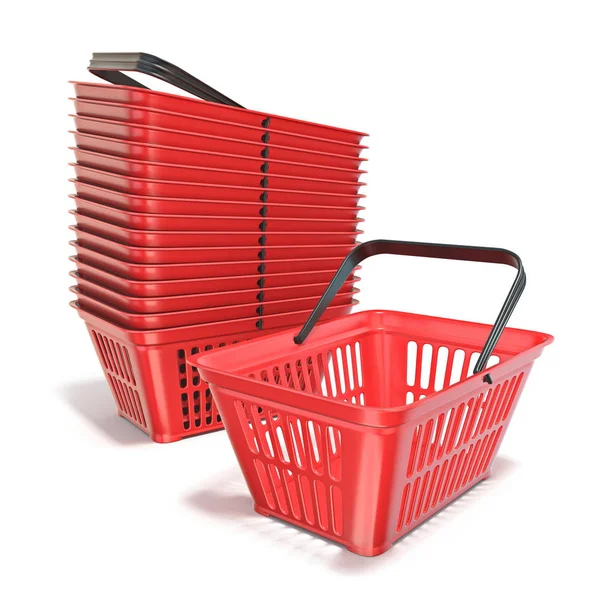 Czerwone plastikowe koszyki sklepowe 3D — Zdjęcie stockowe