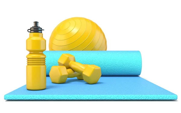 Trainingsmatte mit Gewichten, Fitnessball und Wasserflasche vorne — Stockfoto