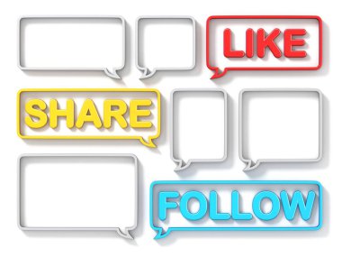 Farklı boyut konuşma kabarcıkları Beğen, Paylaş, Konsept 3d izle