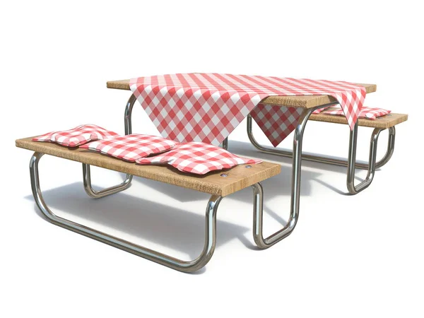 Mesa de picnic de metal de madera con cubierta de mesa roja y almohadas 3D —  Fotos de Stock