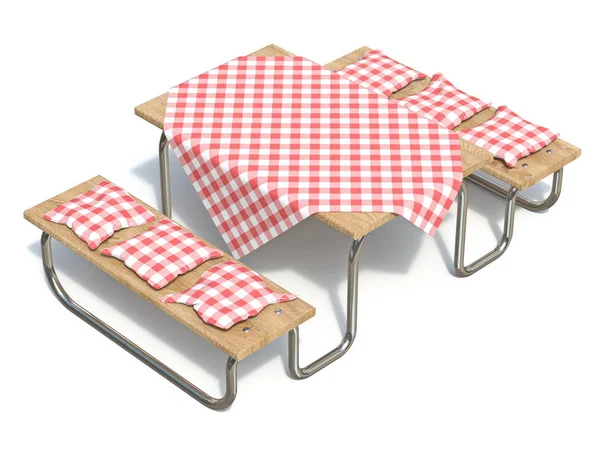 Mesa de picnic de madera con cubierta de mesa roja y almohadas 3D —  Fotos de Stock