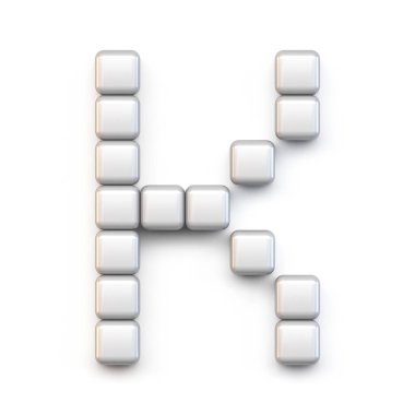 Beyaz küp, piksel yazı tipi Harf K 3D resimleme beyaz arkaplanda izole edildi