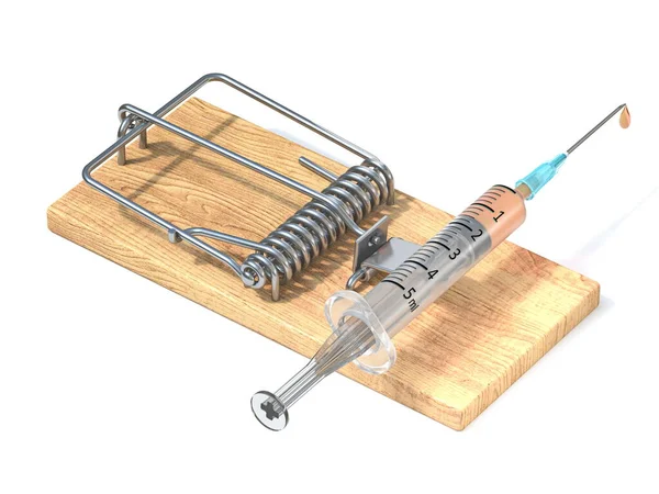 Injekční Stříkačka Dřevěné Pasti Myši Vykreslení Ilustrace Izolované Bílém Pozadí — Stock fotografie