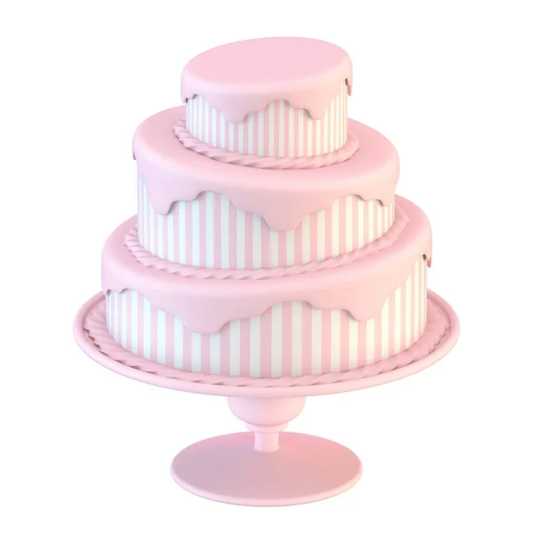 白の背景に隔離されたストライプ3Dレンダリングイラストとピンクの白いケーキ — ストック写真