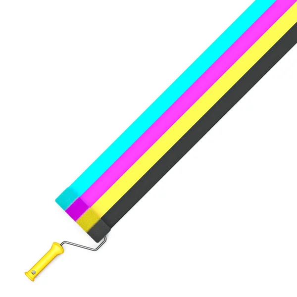 Cmyk Kleur Verf Roller Borstel Maken Illustratie Geïsoleerd Witte Achtergrond — Stockfoto