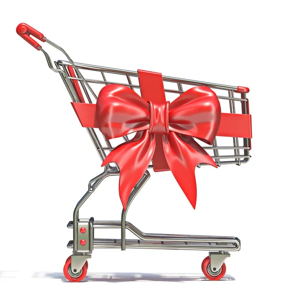 Shopping Cart Red Ribbon Bow Render Illustration Isolated White Background — Stock Photo, Image