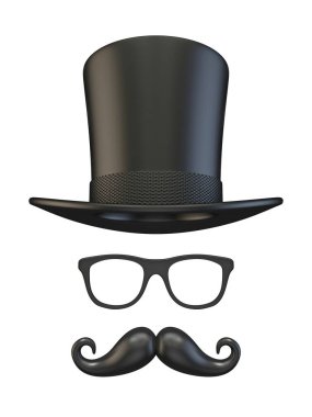 Silindir şapka, gözlük ve bıyık. Beyaz arkaplanda izole edilmiş görüntü.
